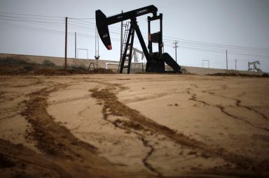 Pump jack is seen on an oil field near Bakersfield