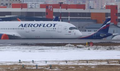 Passenger planes of the Russian airlines are parked at an