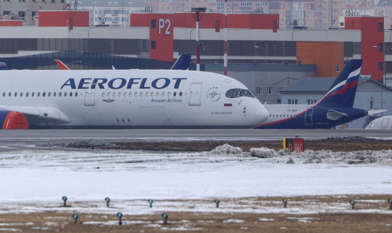 Passenger planes of the Russian airlines are parked at an