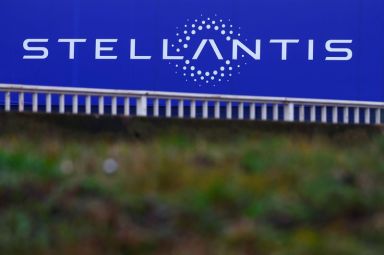 Stellantis logo on a company’s building in Velizy-Villacoublay near Paris