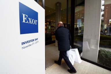 Exor logo is seen on investor day held by holding
