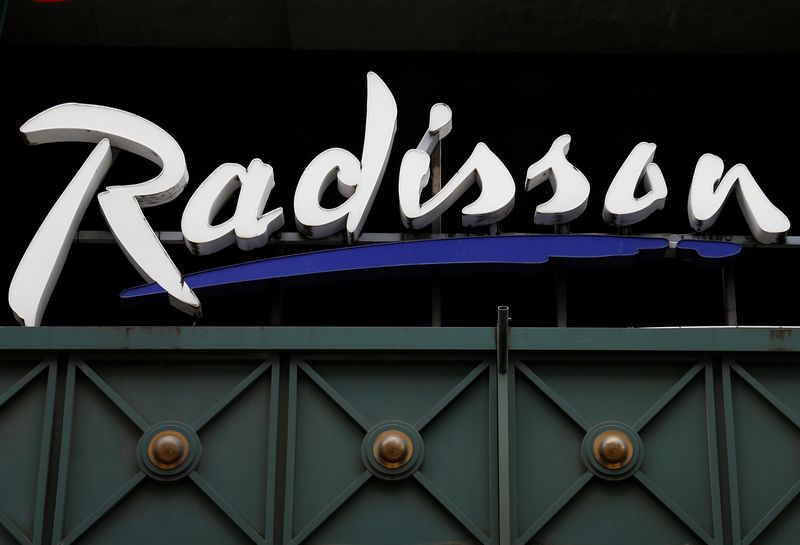 The logo of Radisson hotel group is pictured over its