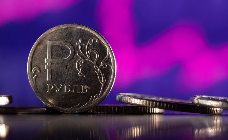 Illustration shows Russian Rouble coins are seen in front of