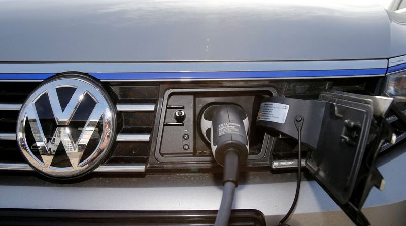FILE PHOTO: The charging plug of an electric Volkswagen Passat