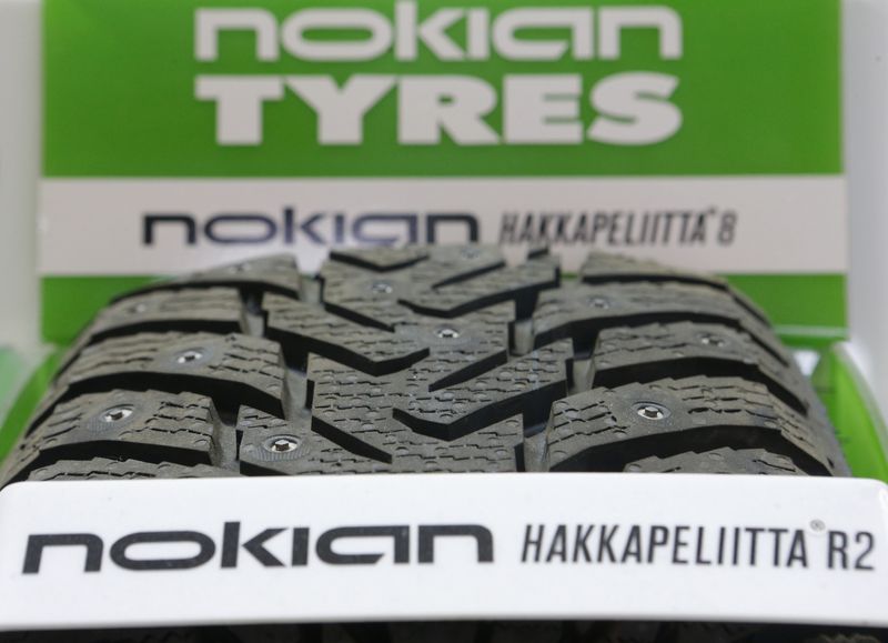 A Nokian tyre is on display at a tyre assembling