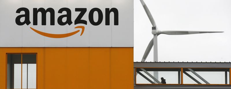 The logo of Amazon is seen at the company logistics