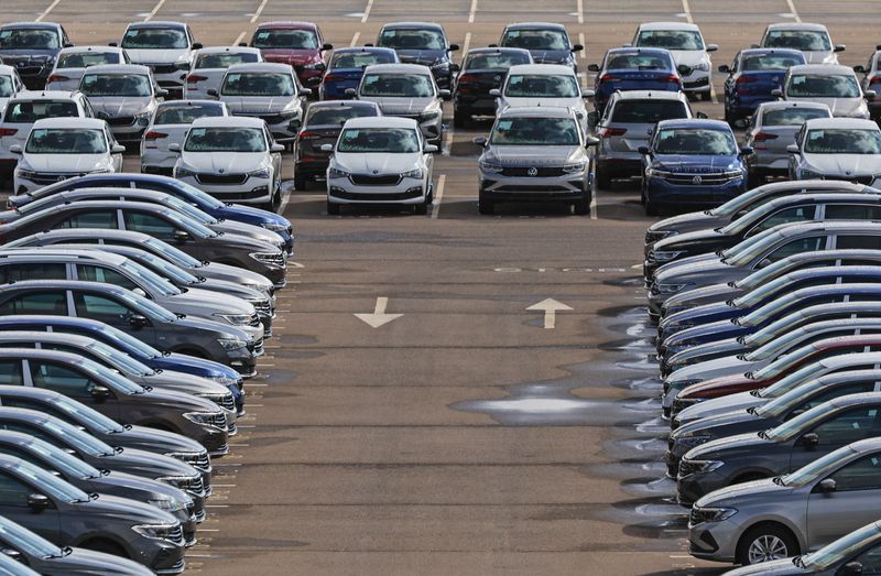 New cars are seen parked at the plant of Volkswagen