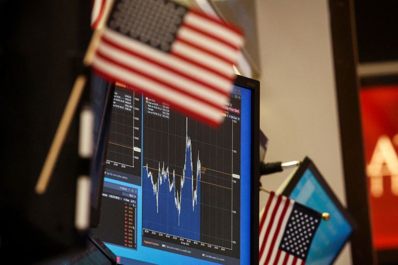 A screen displays a stock chart at a work station