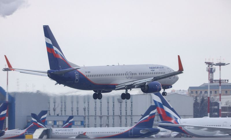 An Aeroflot passenger plane lands at an airport in Moscow
