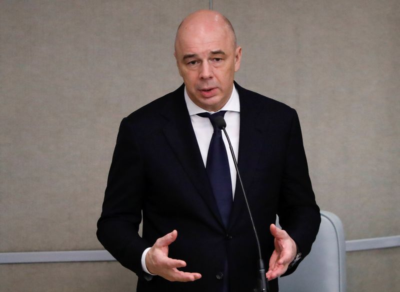 Russian Finance Minister Siluanov delivers a speech during a session