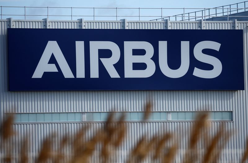 FILE PHOTO: Airbus logo at the Airbus facility in Montoir-de-Bretagne
