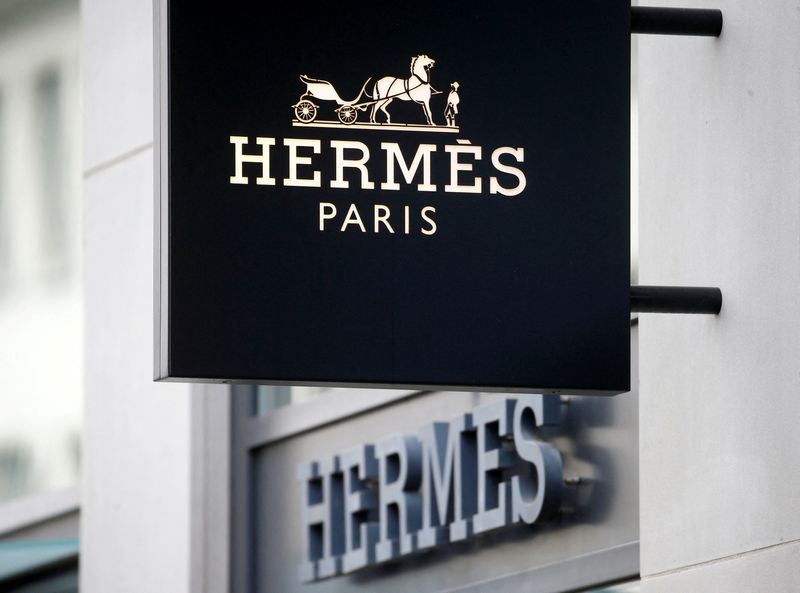 FILE PHOTO: The logo of French luxury group Hermes is