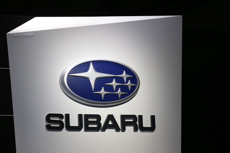 The Subaru logo is seen at the New York Auto