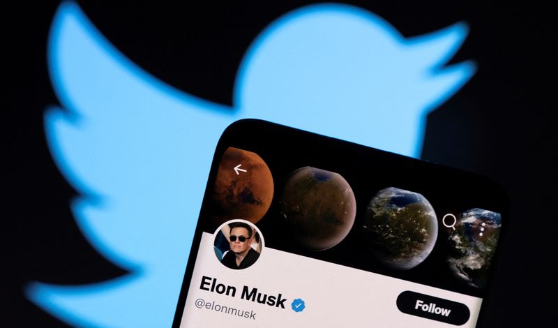 A photo illustration shows Elon Musk’s twitter account and the