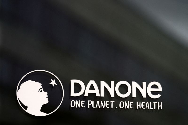 FILE PHOTO: Logo of French food group Danone at the