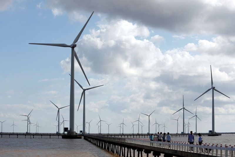 FILE PHOTO: Power-generating windmill turbines are pictured at a wind