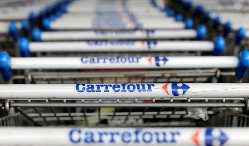 FILE PHOTO: The logo of France-based food retailer Carrefour is