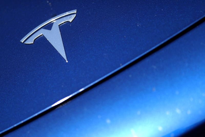FILE PHOTO: The Tesla logo is seen on a car