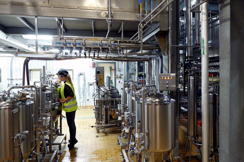 FILE PHOTO: A worker checks beer quality at Anheuser-Busch InBev