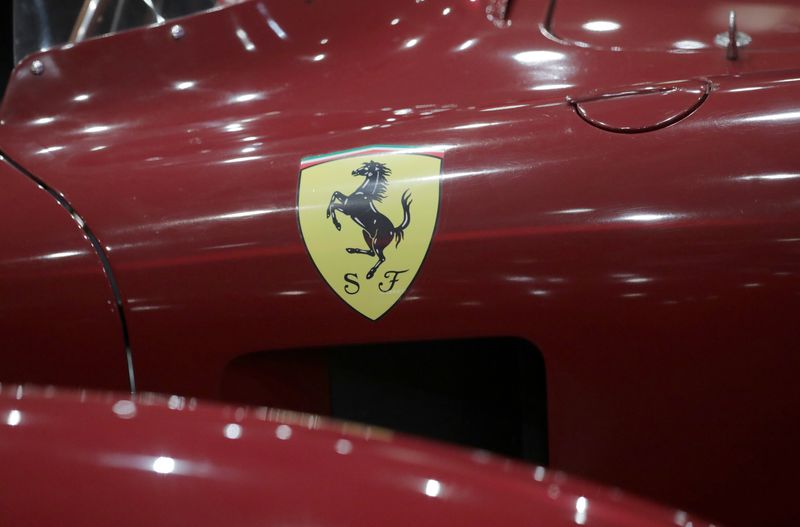 The logo of sports car manufacturer Ferrari is pictured during