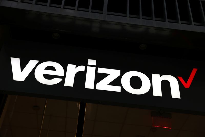 Signage is seen at a Verizon store in Manhattan, New