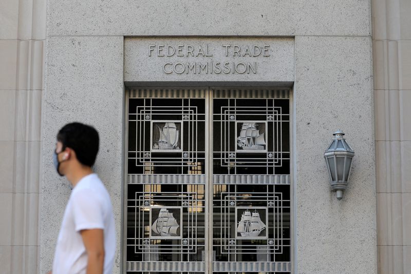 Signage is seen at the Federal Trade Commission headquarters in