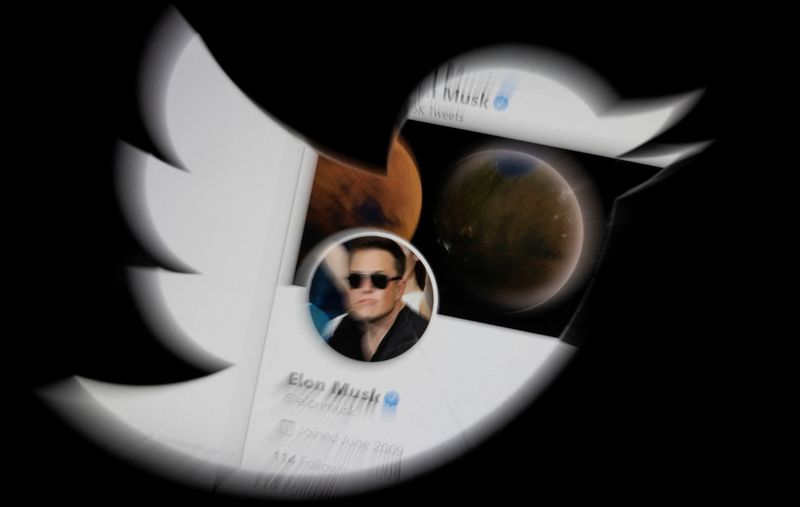 Illustration shows Elon Musk twitter account and Twitter logo