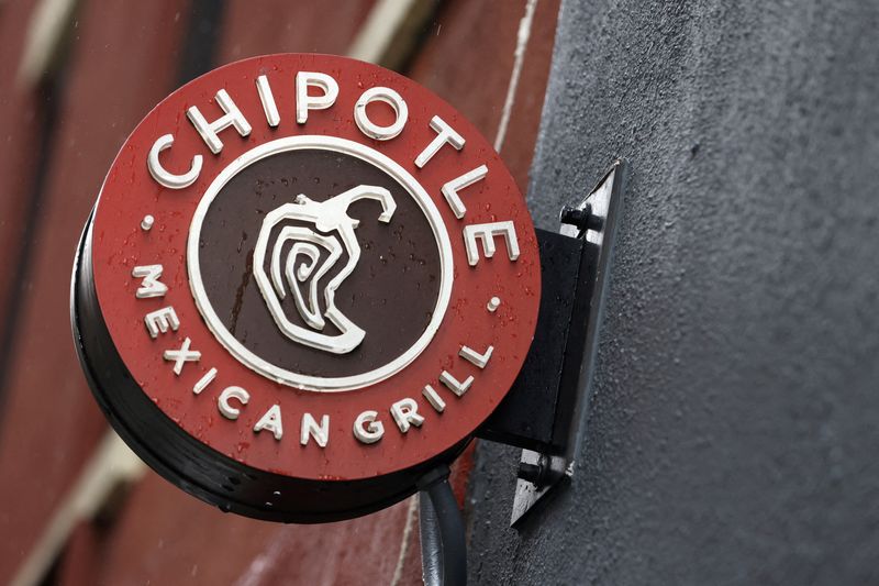 FILE PHOTO: The logo of Chipotle is seen on one