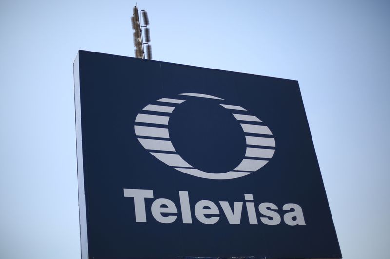 The logo of broadcaster Televisa is seen outside its headquarters
