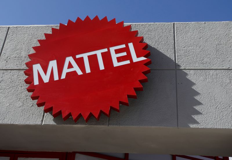 The Mattel company logo is pictured at the entrance of