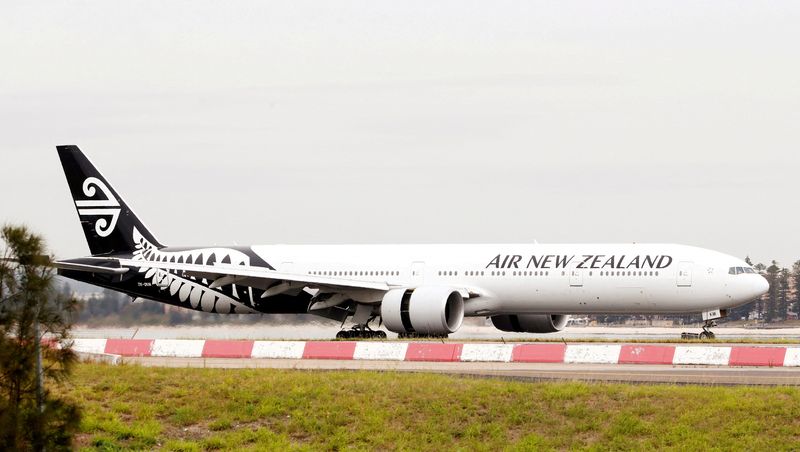 An Air New Zealand Boeing 777 plane taxis after landing