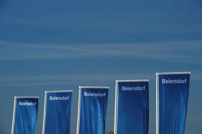 Flags of German personal-care company Beiersdorf are pictured at the