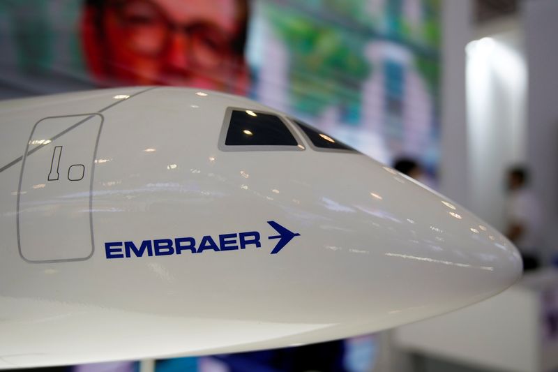 FILE PHOTO: A model of an Embraer aircraft is displayed