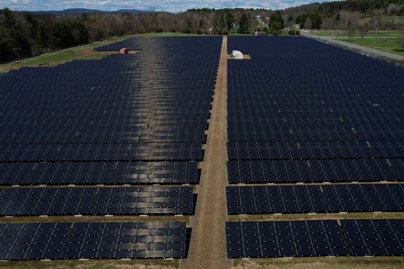 FILE PHOTO: Solar panels are arrayed on Earth Day in