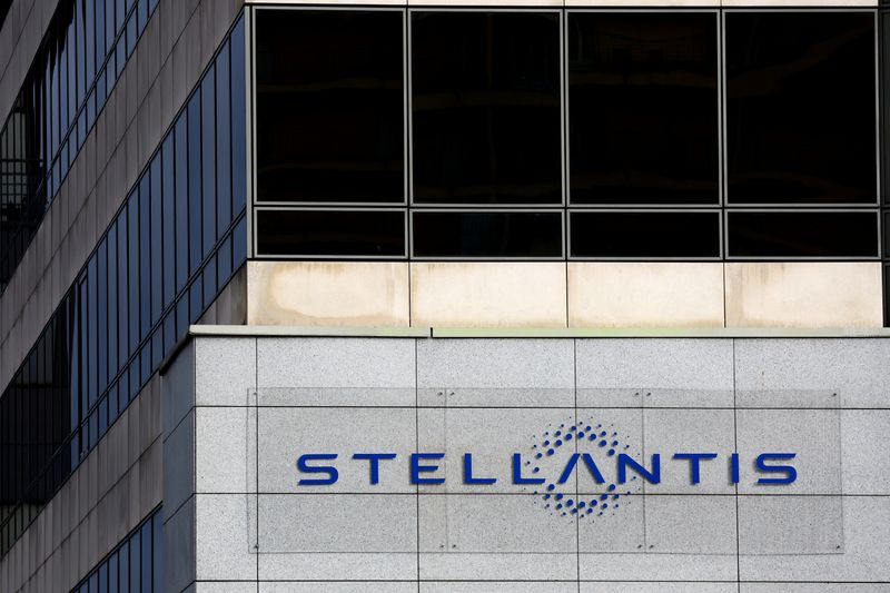 Stellantis logo is seen on the company’s headquarters in Poissy