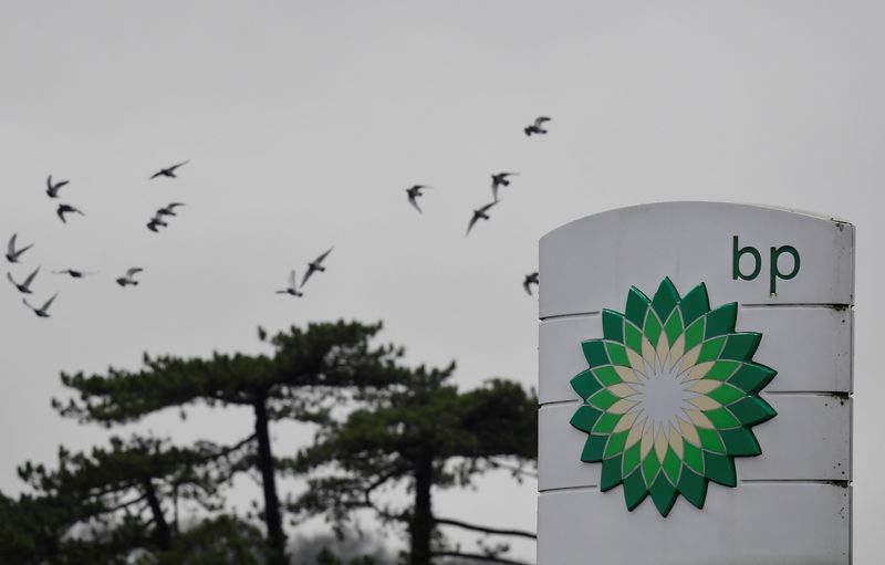 Signage is seen for BP (British Petroleum) at a service