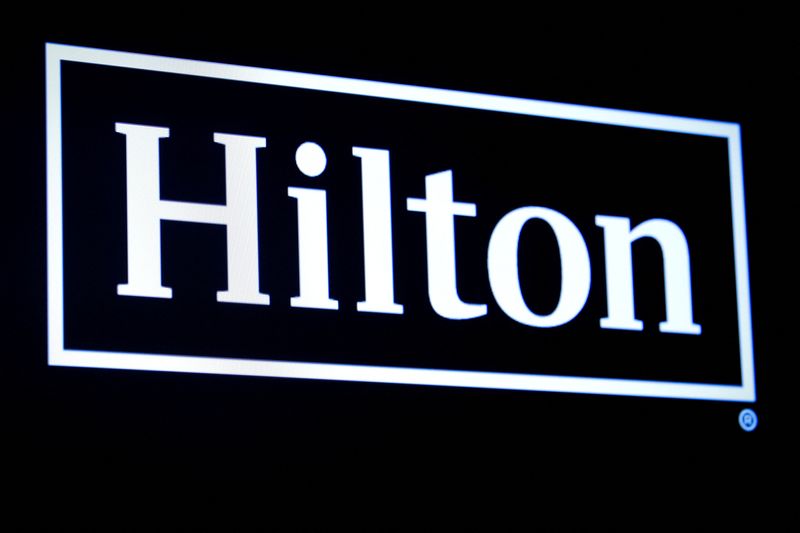 FILE PHOTO: The Hilton logo is displayed on a screen