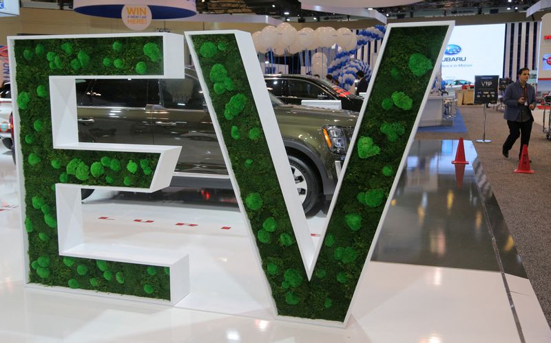 FILE PHOTO: A sign promoting electric vehicles is displayed at