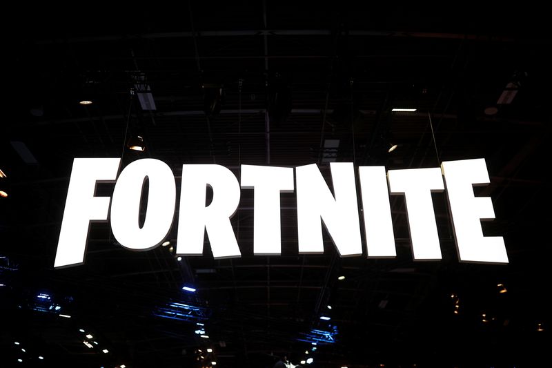 The Fortnite logo is seen at the Paris Games Week