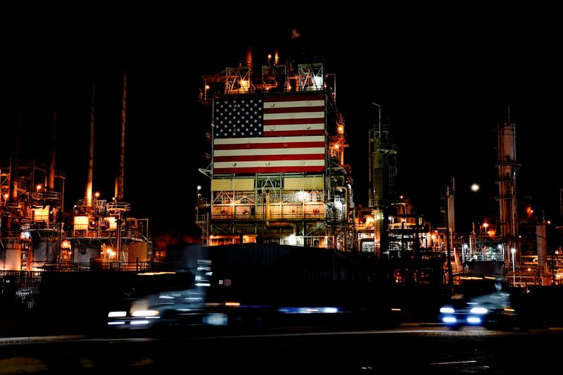 FILE PHOTO: Giant U.S. flag outside Marathon’s Los Angeles Refinery