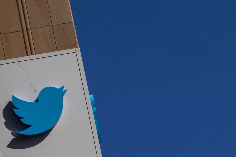 FILE PHOTO: A Twitter logo is seen outside the company’s