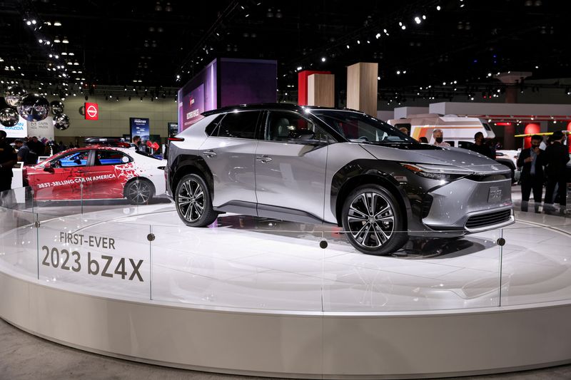 FILE PHOTO: A 2023 Toyota bZ4X all-electric SUV is displayed