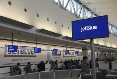 The check-in area of JetBlue Airways is seen at John