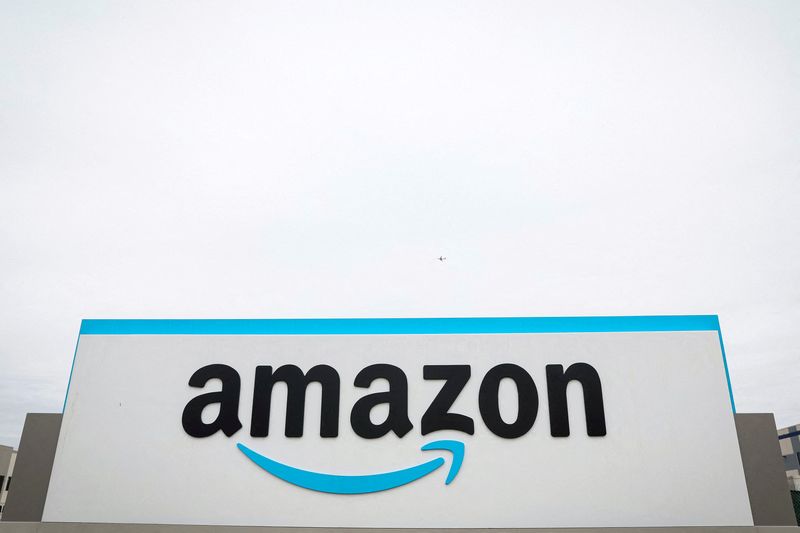 FILE PHOTO: Amazon logo is displayed outside LDJ5 sortation center