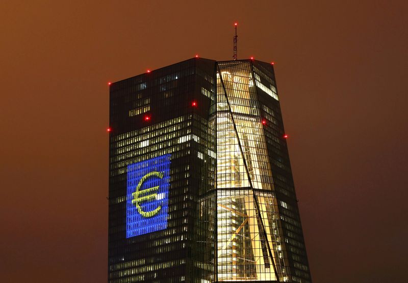 Headquarters of the European Central Bank (ECB) is seen illuminated