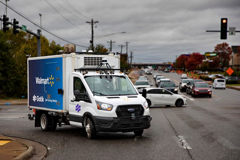 FILE PHOTO: Driverless Gatik delivery box truck operates in Bentonville