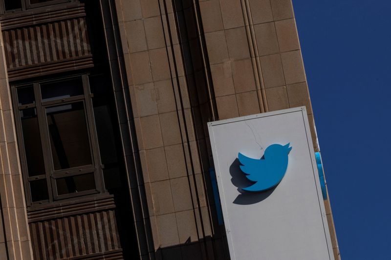 FILE PHOTO: A Twitter logo is seen outside the company’s