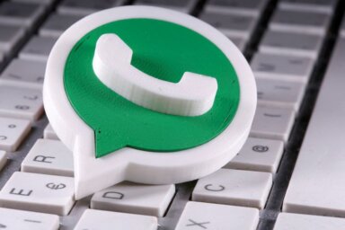 FILE PHOTO: A 3D-printed Whatsapp logo is placed on the