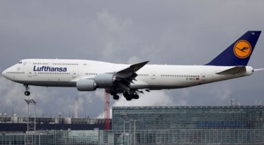 A Boeing 747 plane of German air carrier Lufthansa lands