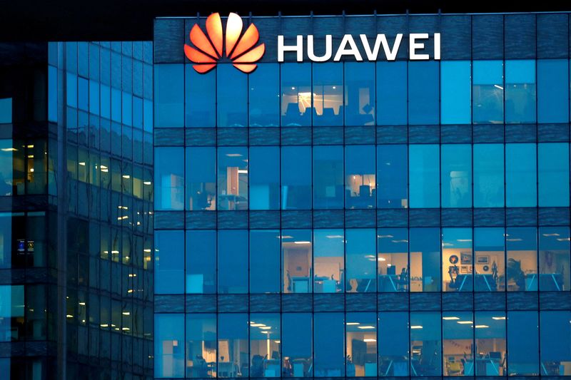 FILE PHOTO – Huawei logo at Huawei Technologies France in